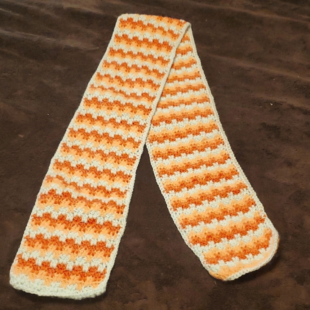 Handmade crochet 52"x5.5" coral, peach and mint scarf